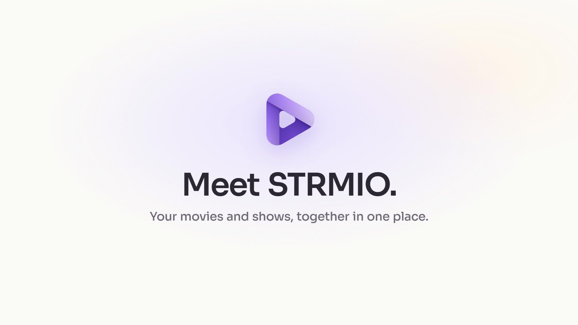 The purple STRMIO logo above “Meet STRMIO. Your movies and shows, together in one place.”